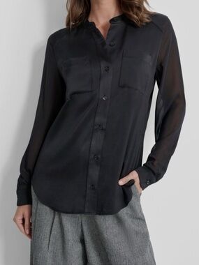 DKNY Women’s Black Sheer Sleeve Button-Front Blouse